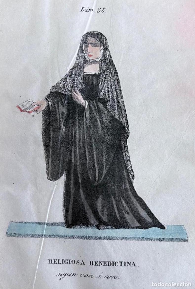 Arte: GRABADO CALCOGR&Aacute;FICO COLOREADO A MANO. RELIGIOSA BENEDICTINA DE CORO, S. XIX