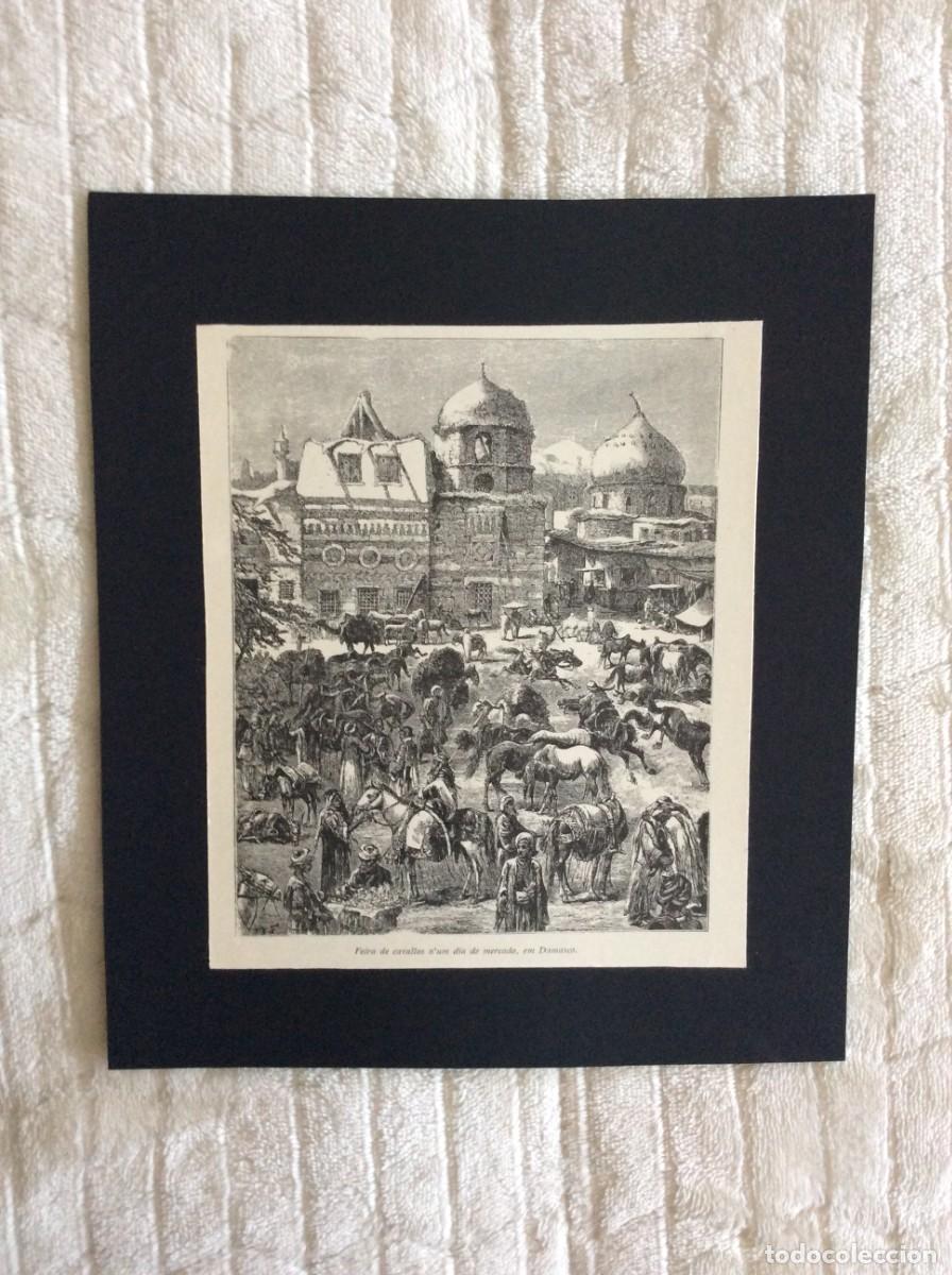 Arte: Tema: M&eacute;dio Oriente - Feira de cavallos n&acute;um dia de mercado em /Damasco. Xilograv. do s&eacute;c. XIX