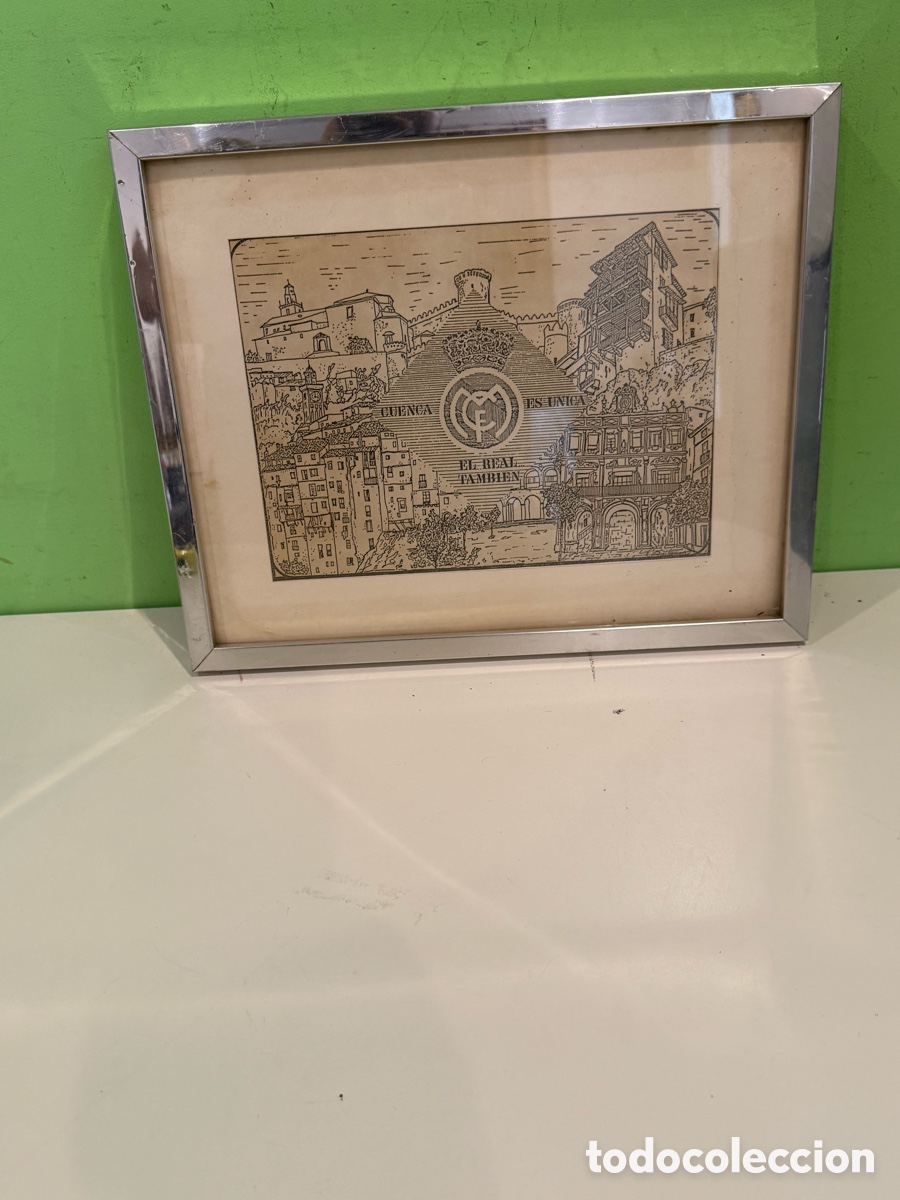 Arte: Antiguo grabado firmado. Real Madrid y Cuenca. Enmarcado. A&ntilde;os 70-80