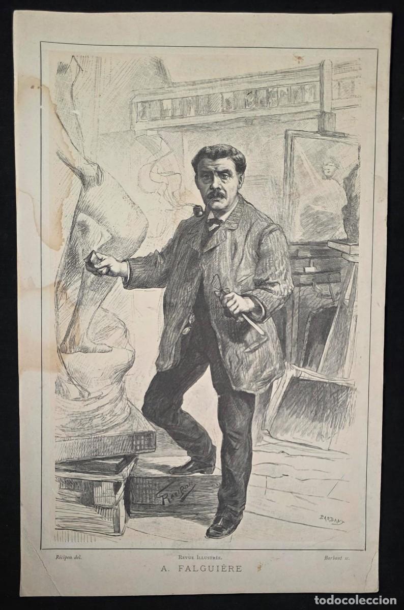 Arte: Grabado Antiguo A. Falgui&egrave;re en su Estudio &ndash; Revue Illustr&eacute;e &ndash; Retrato Alexandre Falgui&egrave;re
