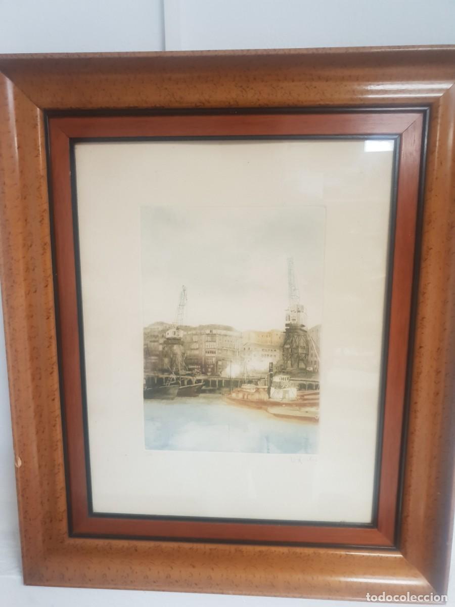 Arte: Grabado siglo xx a color con marco y cristal puerto Mar&iacute;timo 166/175 firmada