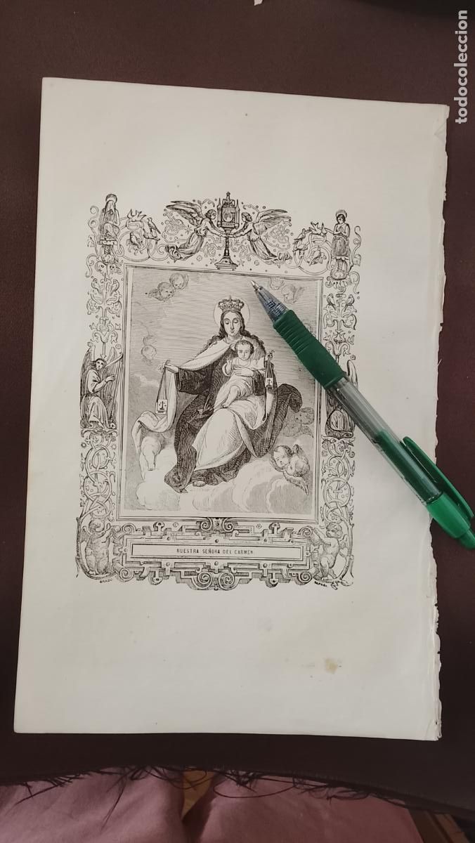 Arte: plancha Grabado LITOGRAFICO del a&ntilde;o 1849 - NUESTRA SE&Ntilde;ORA LA VIRGEN DEL CARMEN