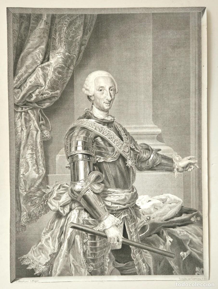 Art: Retrato de Carlos III. Pintado por Mengs, grabado por Carmona. 1783.