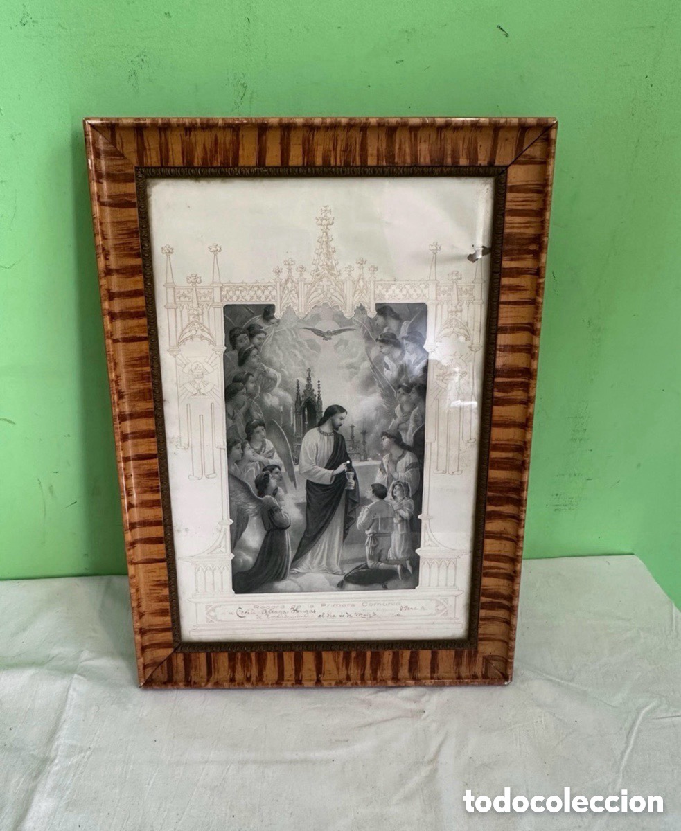 Art: Antiguo cuadro religioso Primera Comuni&oacute;n 1929 grabado original marco madera de &eacute;poca