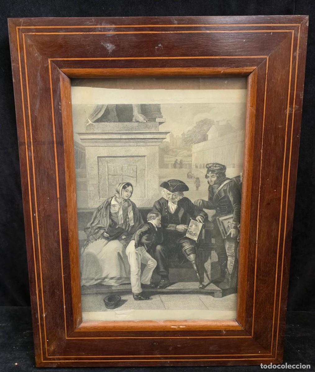 Arte: Grabado Antiguo Costumbrista Enmarcado &ndash; Escena Familiar con Vendedor Ambulante de Estampas