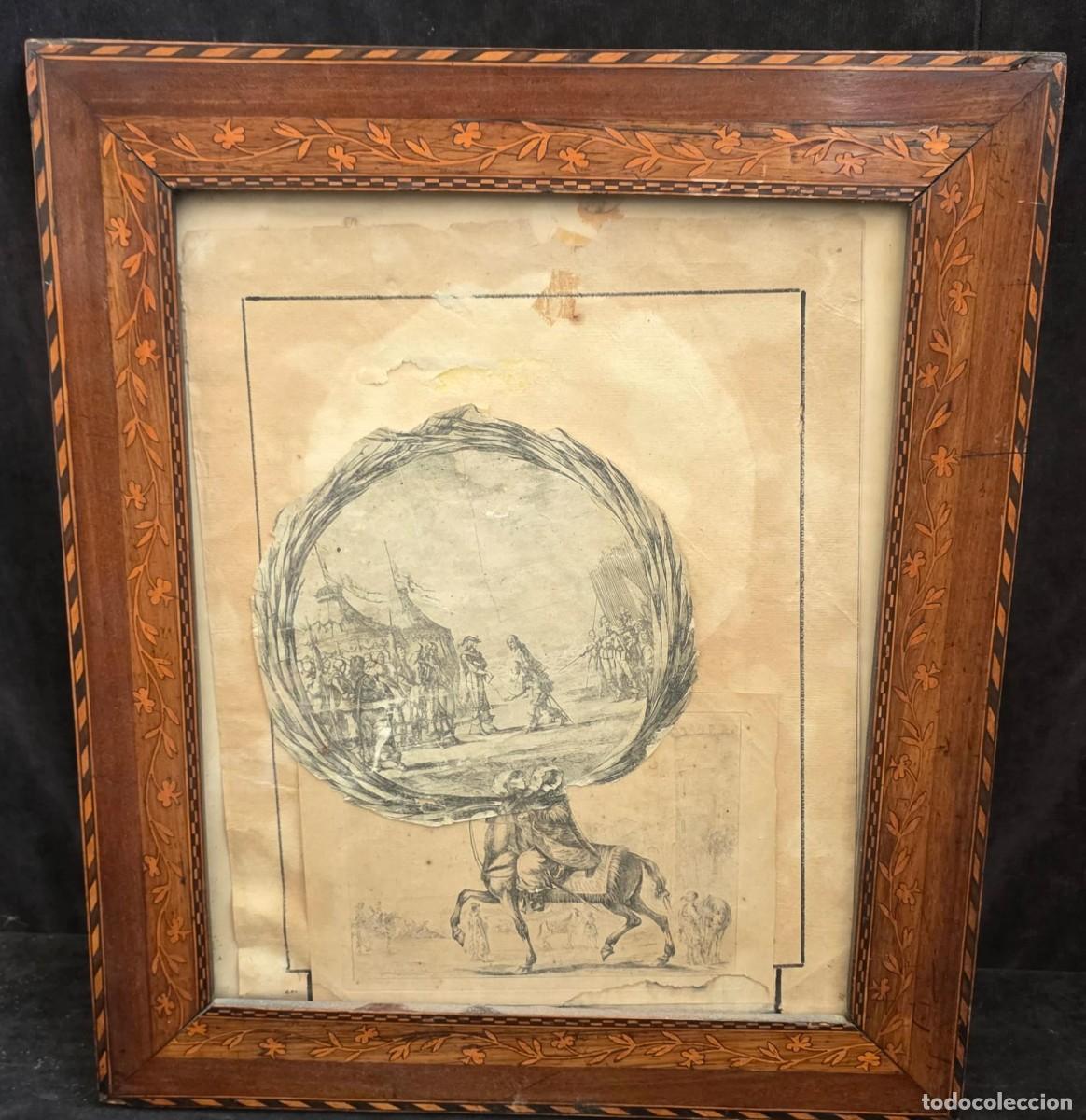 Arte: Antiguo Grabado Enmarcado con Escena Hist&oacute;rica Militar y Jinete &ndash; Marco de Marqueter&iacute;a &ndash; 48 &times; 40 cm