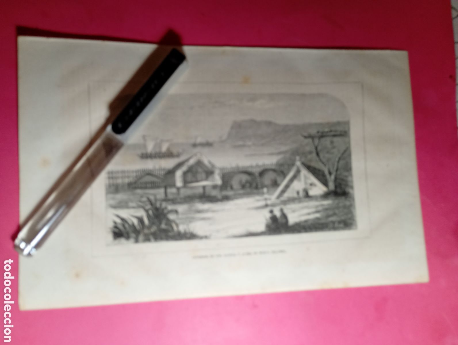 Arte: NUEVA ZELANDA ANTIGUO GRABADO S. XIX/PRINCIPIO XX INTERIOR DE UNA ALDEA