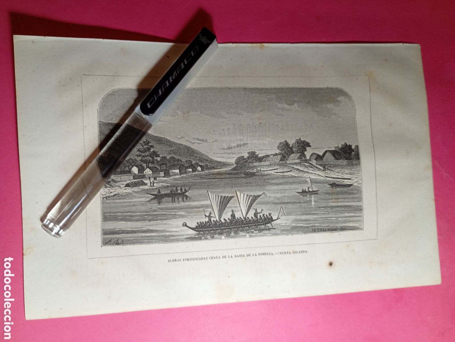 Arte: NUEVA ZELANDA ANTIGUO GRABADO S. XIX/PRINCIPIO XX ALDEAS FORTIFICADAS BAH&Iacute;A DE LA POBREZA