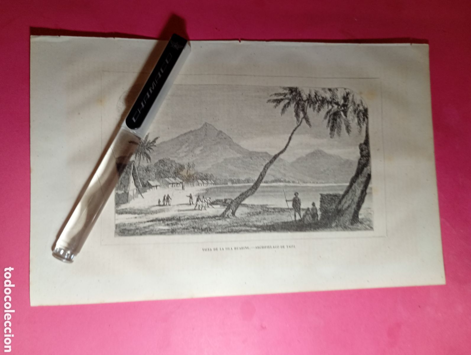 Arte: ARCHIPIELAGO TAITI ANTIGUO GRABADO S. XIX/PRINCIPIO XX VISTA DE LA ISLA HUAHINE
