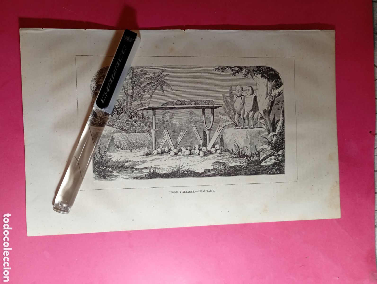 Arte: ARCHIPIELAGO TAITI ANTIGUO GRABADO S. XIX/PRINCIPIO XX &Iacute;DOLOS Y ALTARES