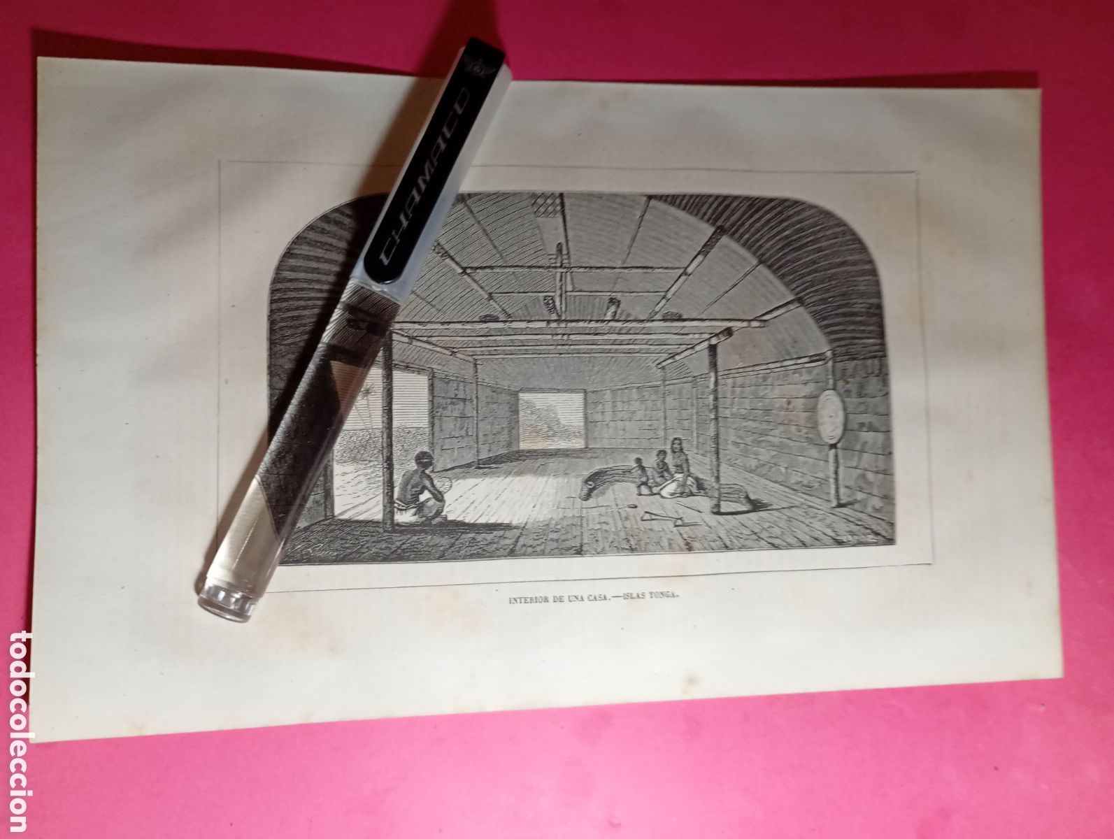 Arte: ISLAS TONGA ANTIGUO GRABADO S. XIX/PRINCIPIO XX INTERIOR DE UNA CASA