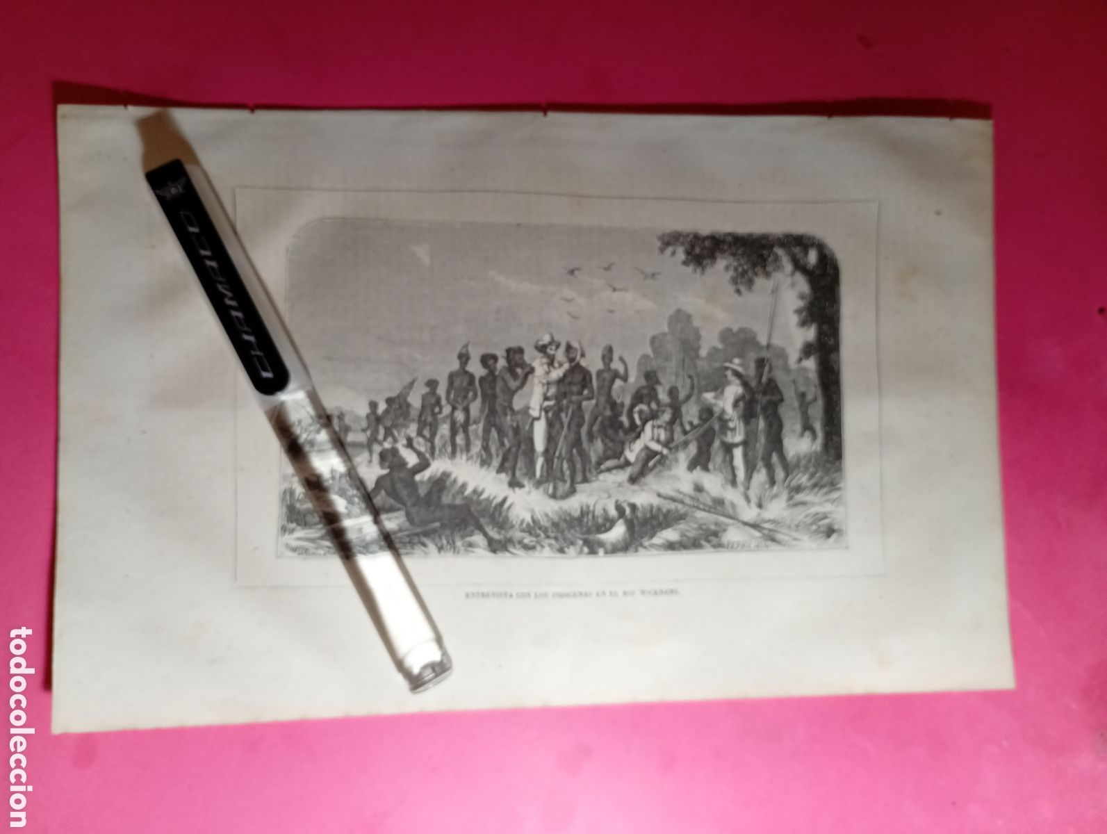 Arte: AUSTRALIA ANTIGUO GRABADO S. XIX/PRINCIPIO XX ENTREVISTA CON LOS INDIGENAS EN EL RIO WICKHAM