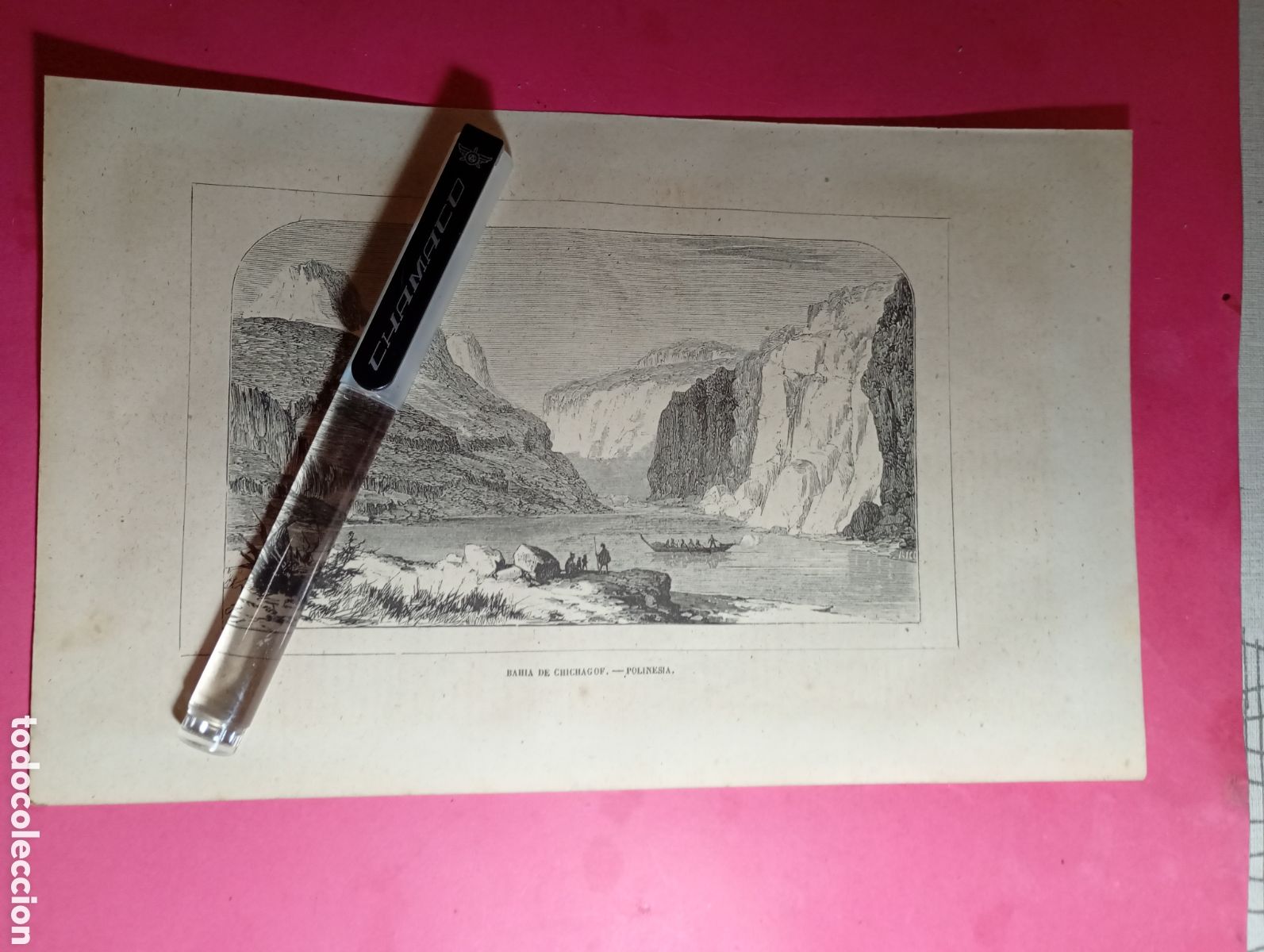 Arte: POLINESIA ANTIGUO GRABADO XIX O PRINCIPIO XX ''BAH&Iacute;A DE CHICHAGOF''