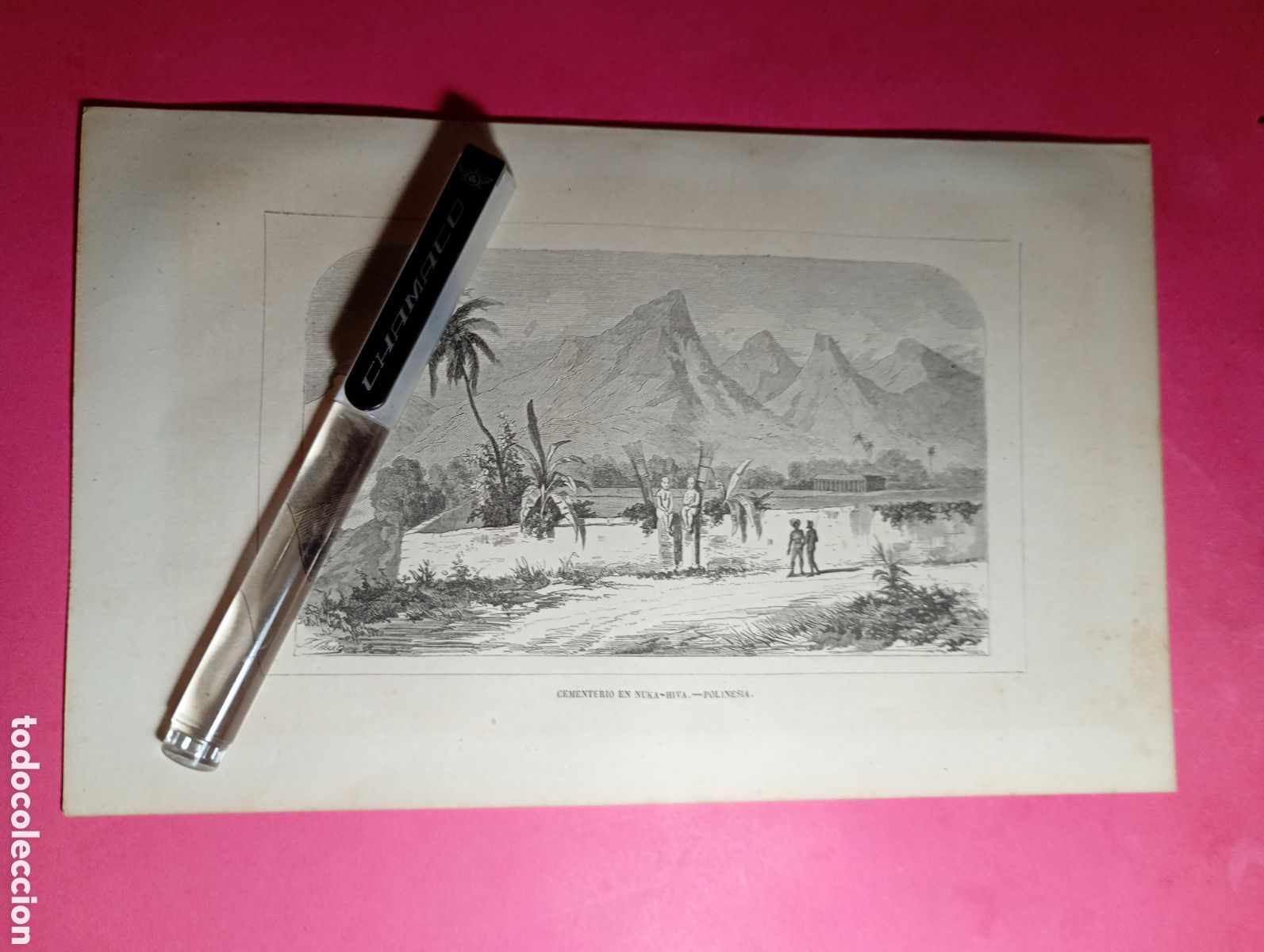 Arte: POLINESIA ANTIGUO GRABADO XIX O PRINCIPIO XX '''CEMENTERIO EN NUKA HIVA''