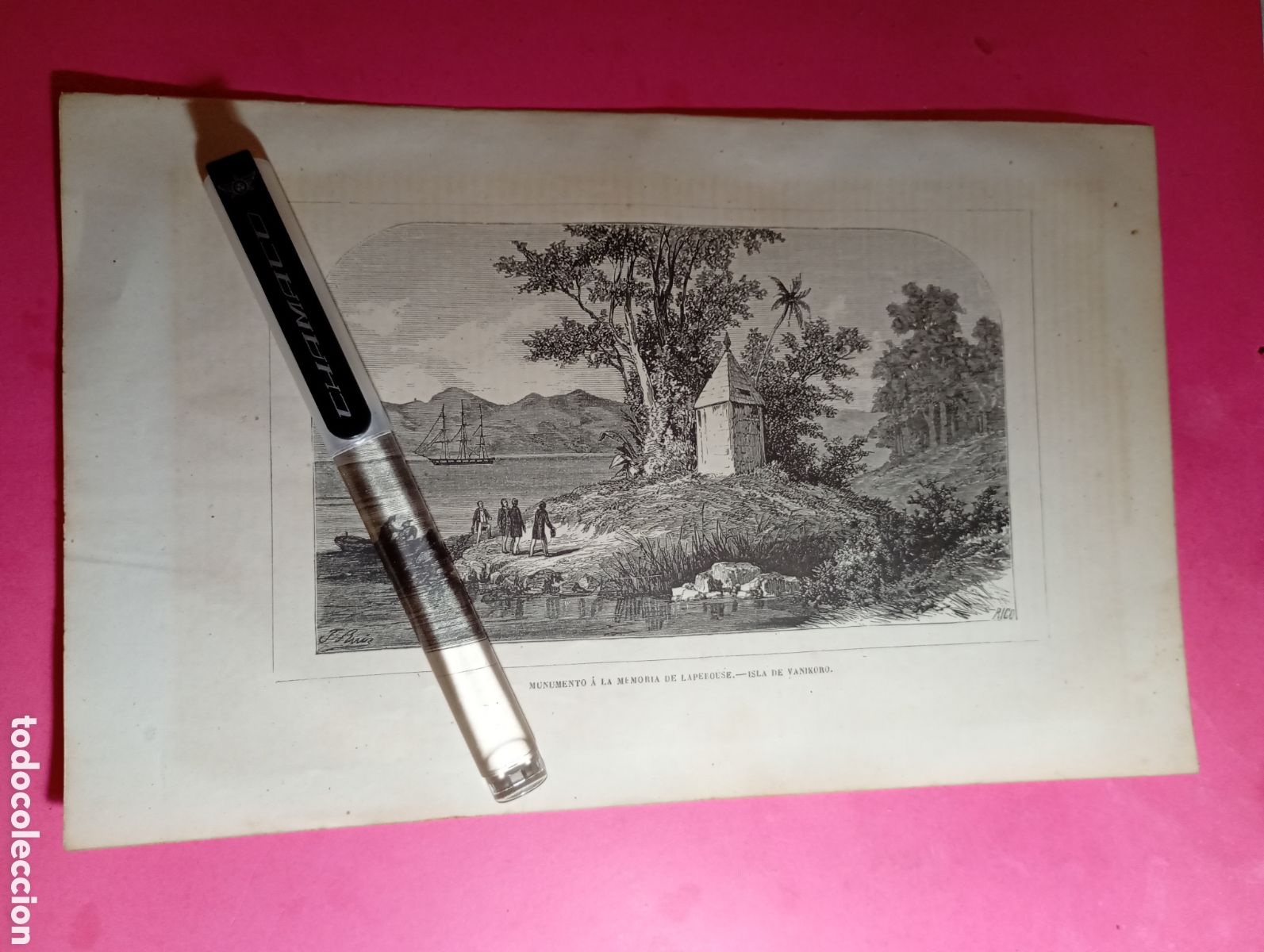 Arte: ISLAS SALOM&Oacute;N ANTIGUO GRABADO S. XIX PRINCIPIO XX MONUMENTO A LAPEROUSE EN ISLA VANIKARO