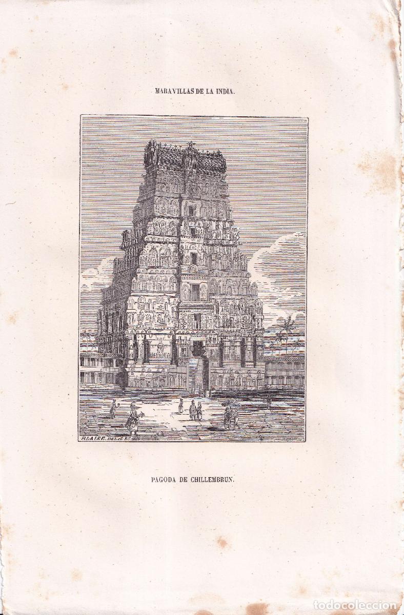 Arte: GRABADO PAGODA DE CHILLEMBRUN, INDIA (c.1850)