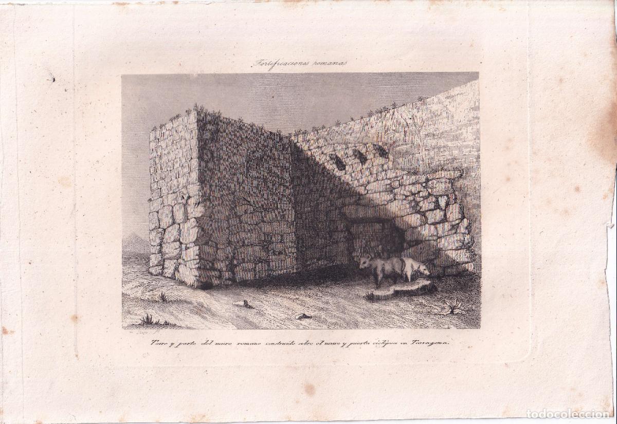 Arte: GRABADO TORRE Y MURO ROMANO CONSTRUIDO SOBRE EL MURO Y PUERTA CICL&Oacute;PEA EN TARRAGONA (c.1850)