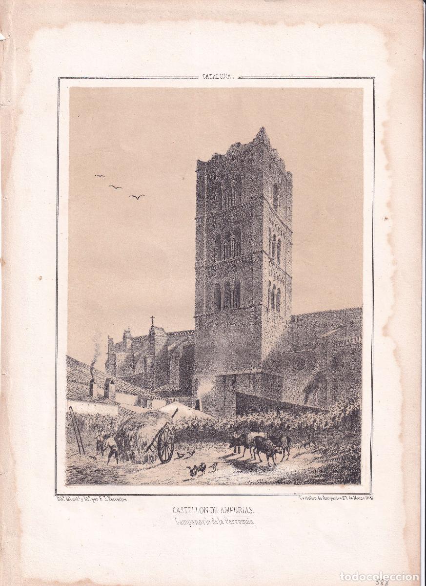 Arte: GRABADO CASTELL&Oacute; D'EMP&Uacute;RIES. CAMPANARIO DE LA PARROQUIA - PARCERISA (1847)