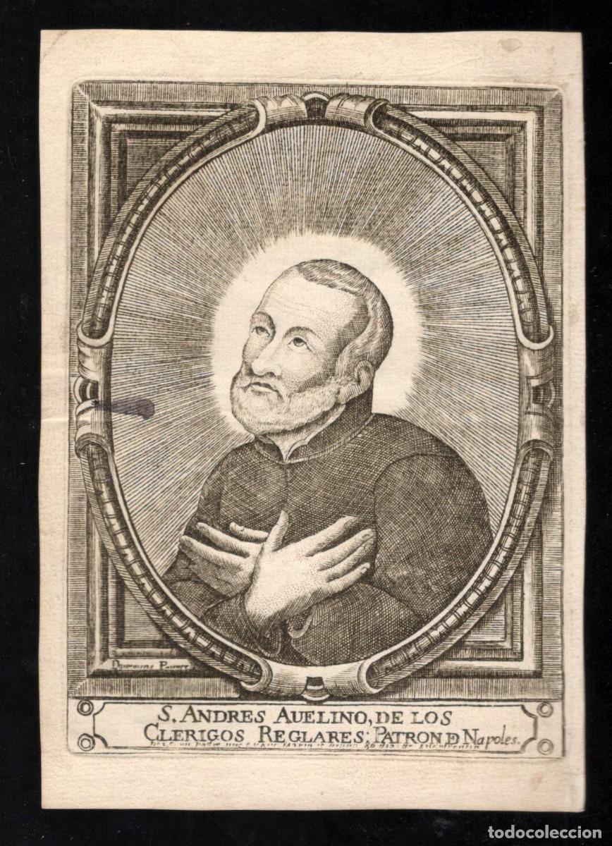 Arte: San Andr&eacute;s Avelino, patrono contra la muerte imprevista. Grabado al cobre de Domingo Pauner. SXVIII