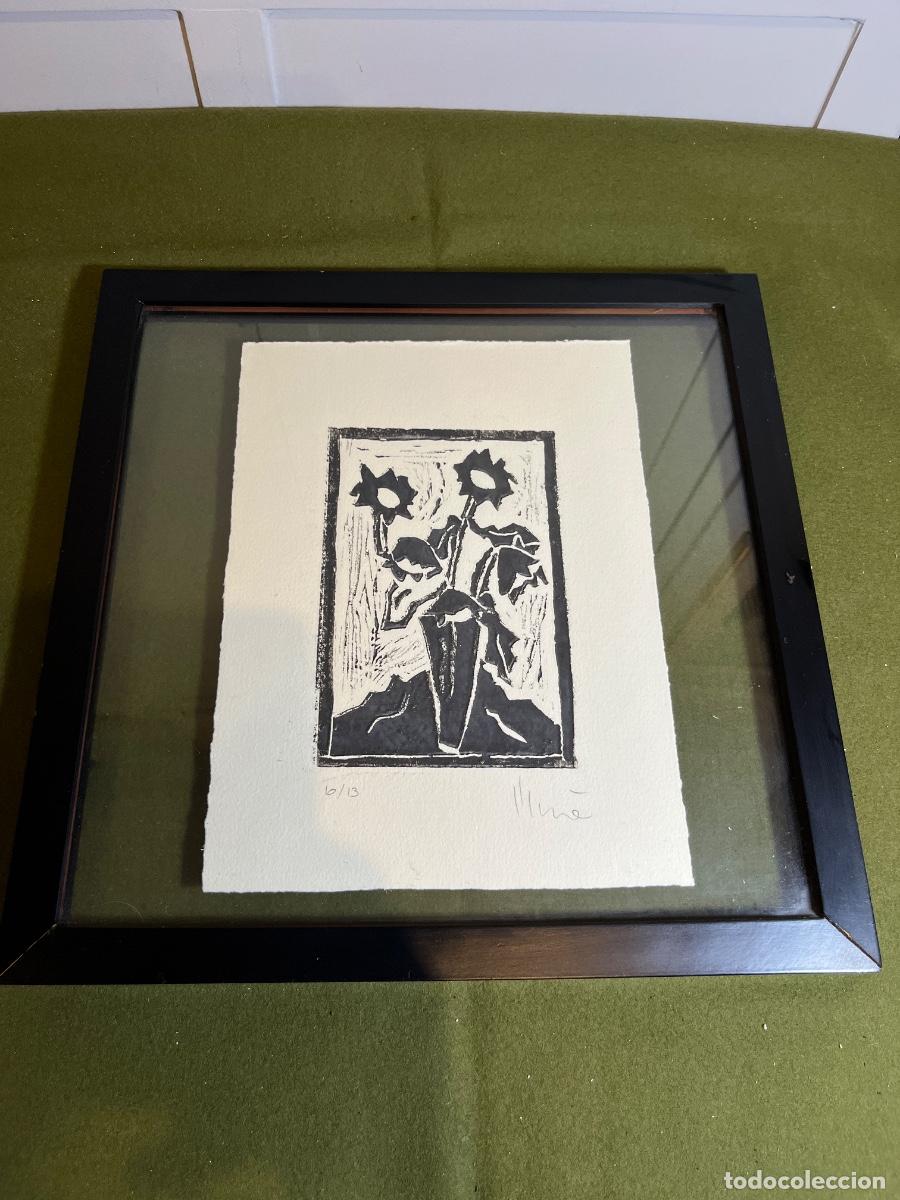 Arte: Grabado original firmado y numerado 6/13 &ndash; Xilograf&iacute;a o Linograbado de flores en jarr&oacute;n &ndash; Enmarcado