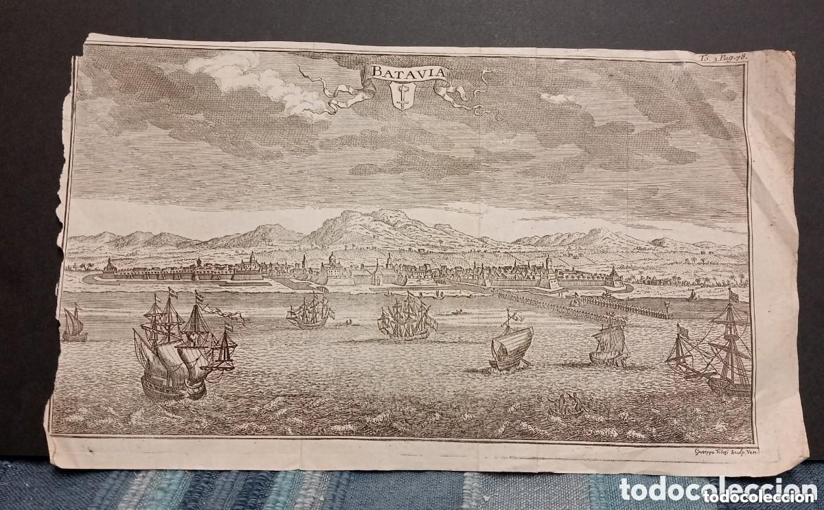 Arte: BATAVIA. GIUSEPPE FILOSIE. VISTA DE LA ISLA DE JAVA. PUERTO CON BARCOS DE LAS INDIAS ORIENTALES 1740