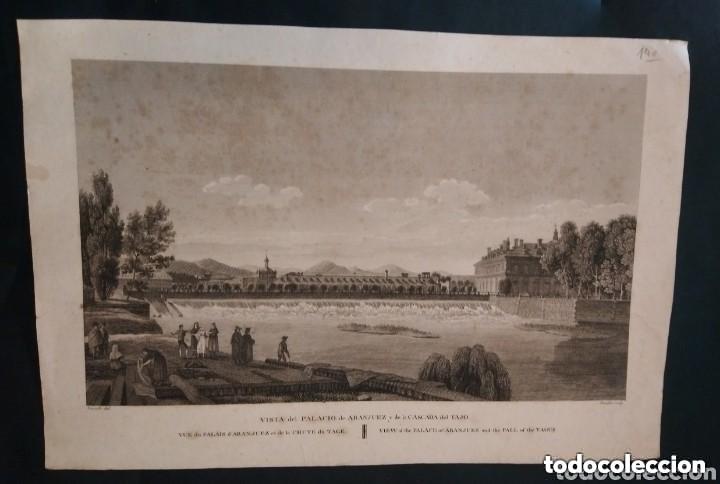 Arte: Grabado Vista del Palacio de Aranjuez y de la Cascada del Tajo. Paris 1806, Robert Daudet grabador