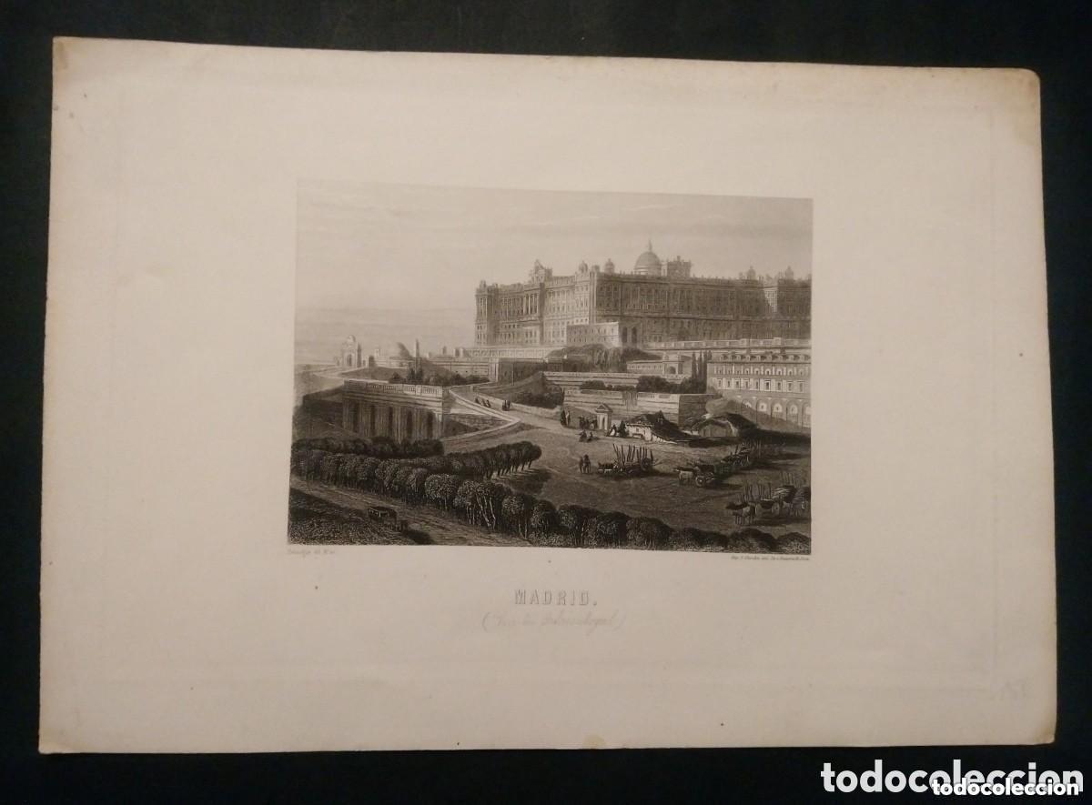 Arte: Grabado Siglo XIX. Vista del Palacio Real de Madrid. Vue du Palais Royal. Rouargue. Paris