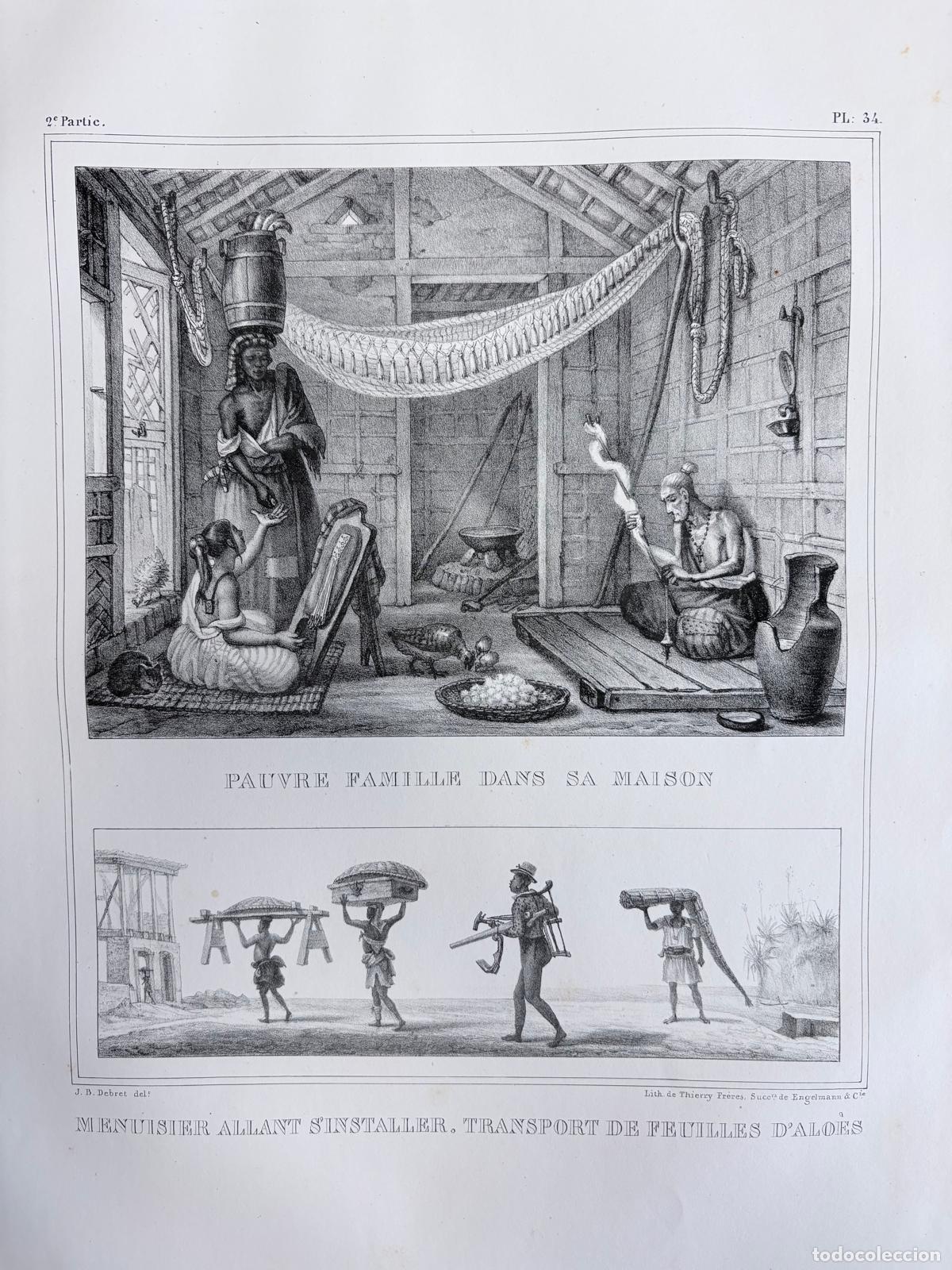 Arte: GRABADO DE INTERIOR DE UNA VIVIENDA HUMILDE Y OFICIOS POPULARES EN EL BRASIL IMPERIAL, CA. 1835
