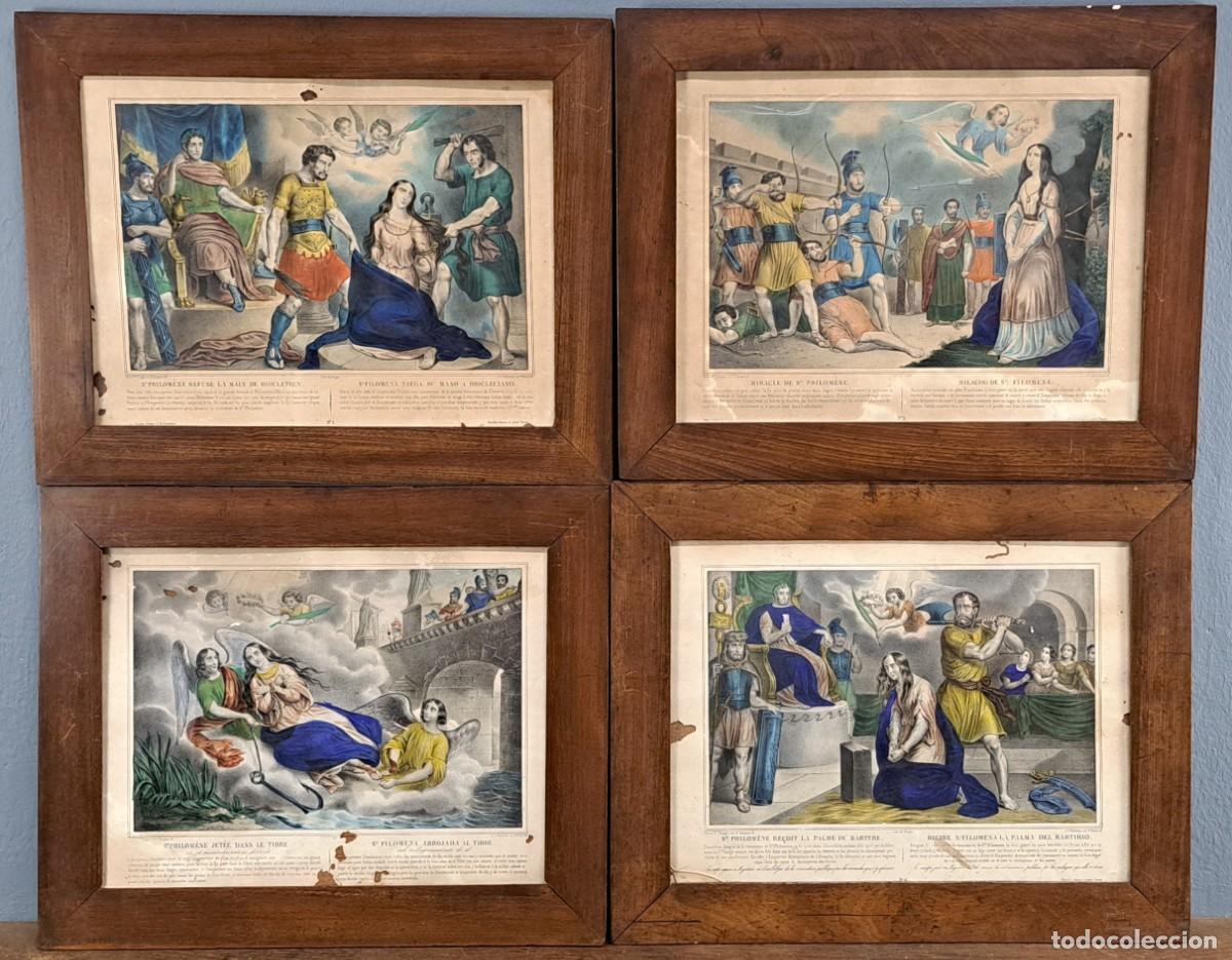 Arte: 4 grabados, el martirio de Santa Filomena, siglo XIX