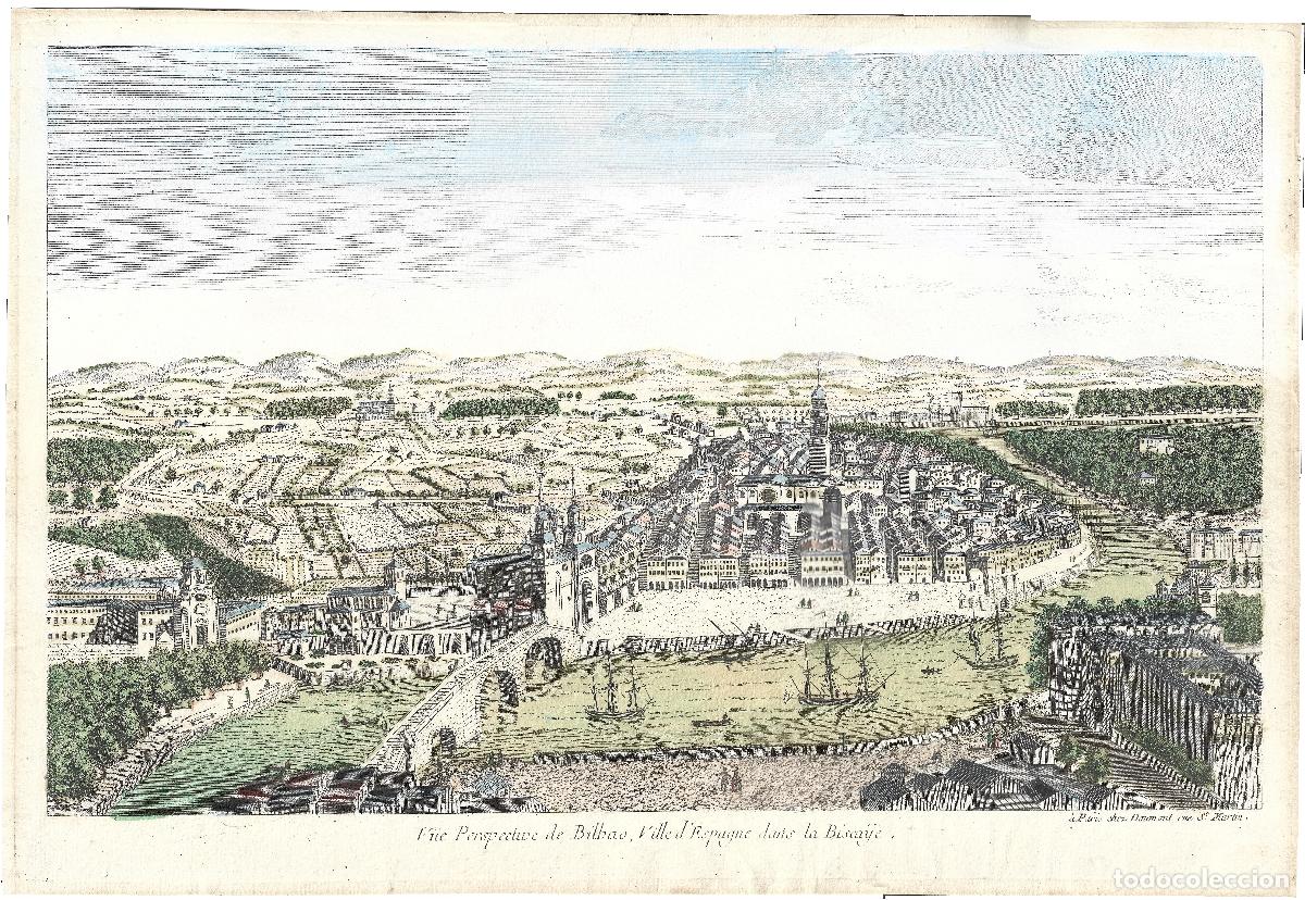 Arte: 1760ca Grabado Vue Perspective de Bilbao, Ville d'Espagne dans la Biscaije LEER