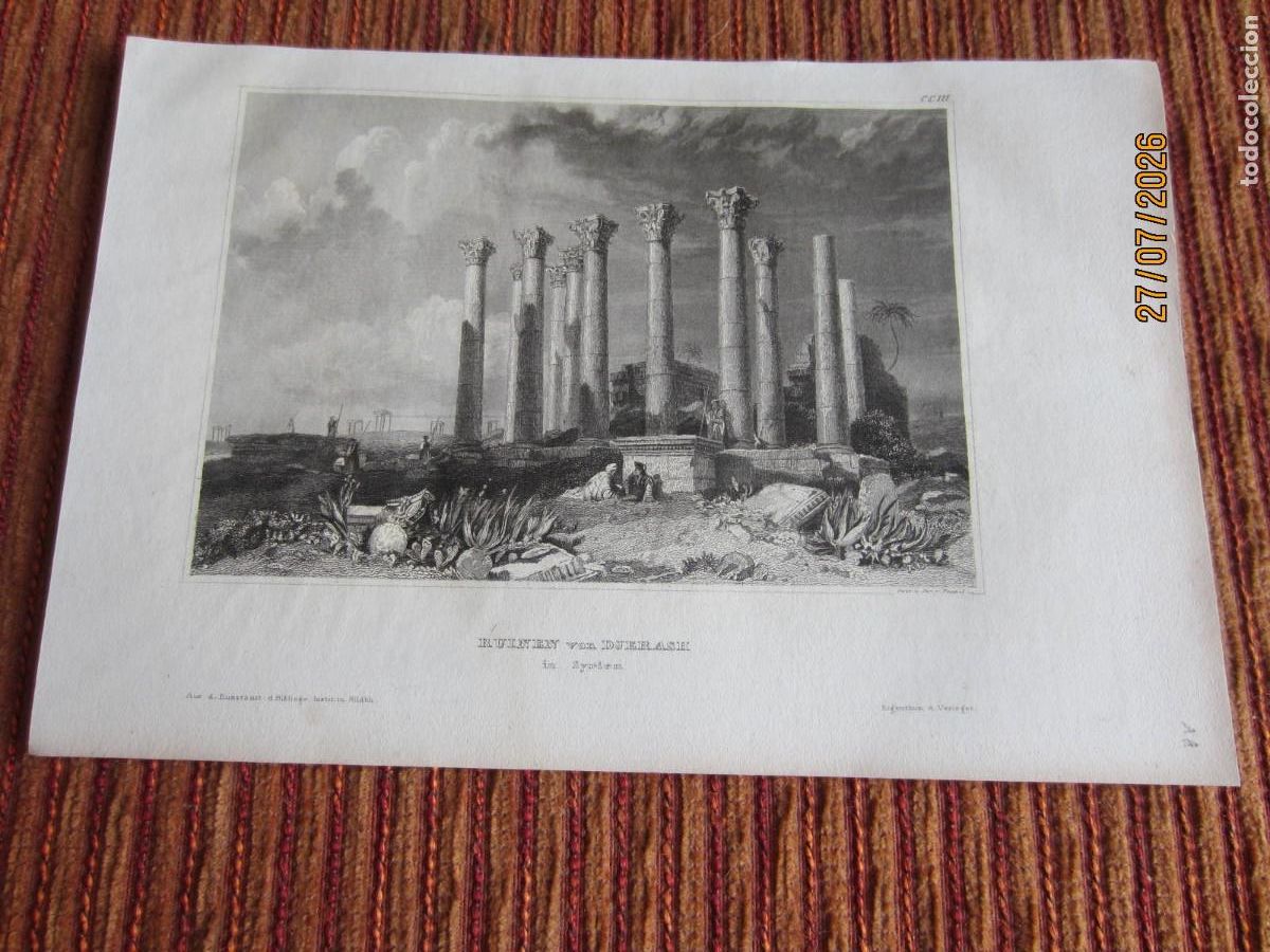 Arte: 1860- GRABADO ORIGINAL DE RUINAS DE DJERRASH. SIRIA
