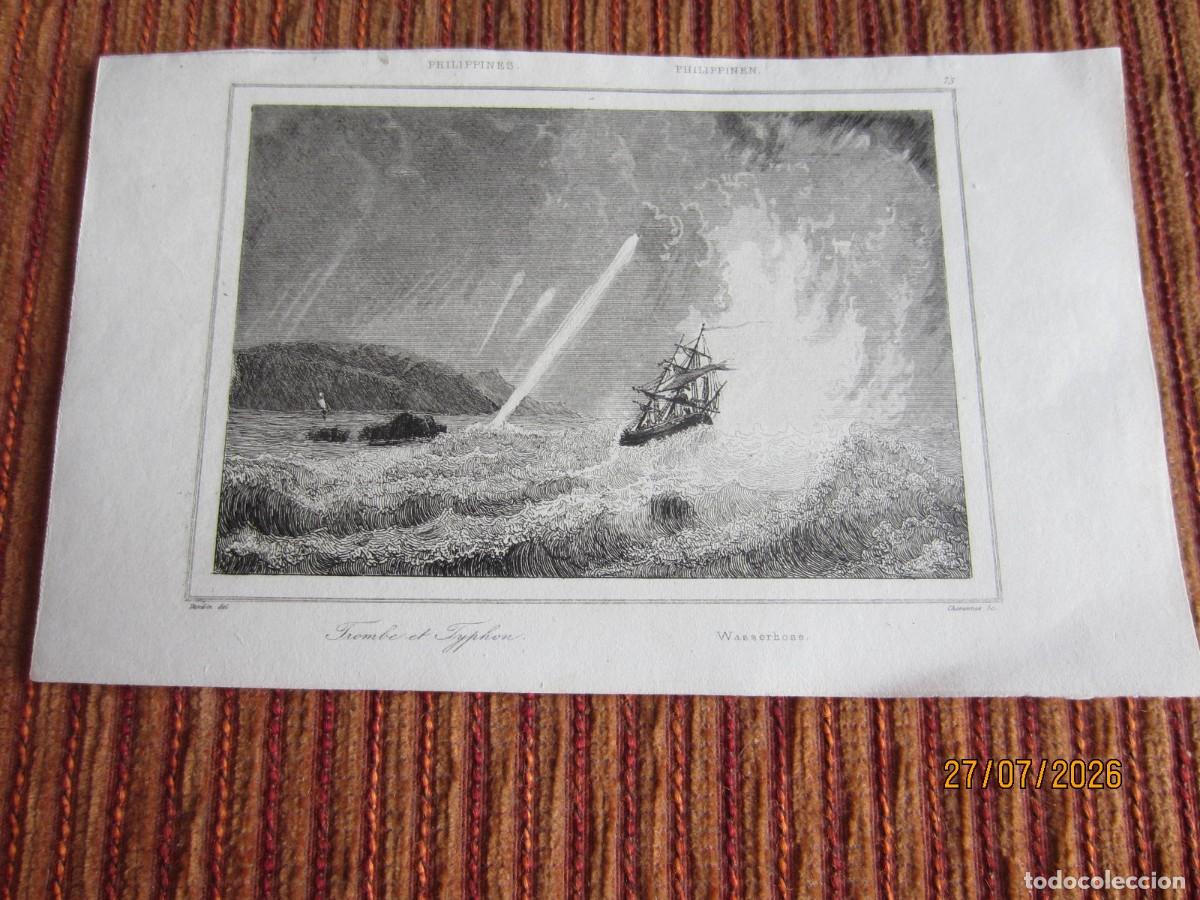 Arte: SIGLO XIX- GRABADO ORIGINAL DE FILIPINAS. BARCO TEMPESTAD.