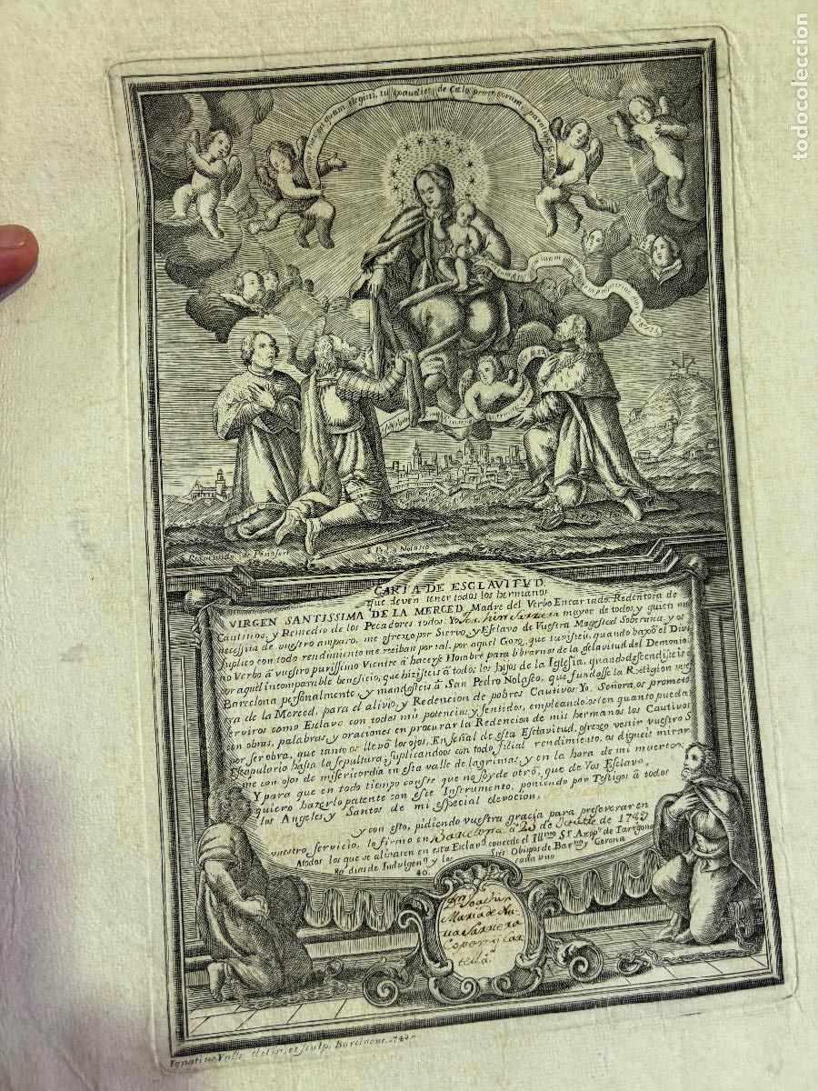 Arte: Carta de esclavitud precioso grabado barcelona virgen de la merced