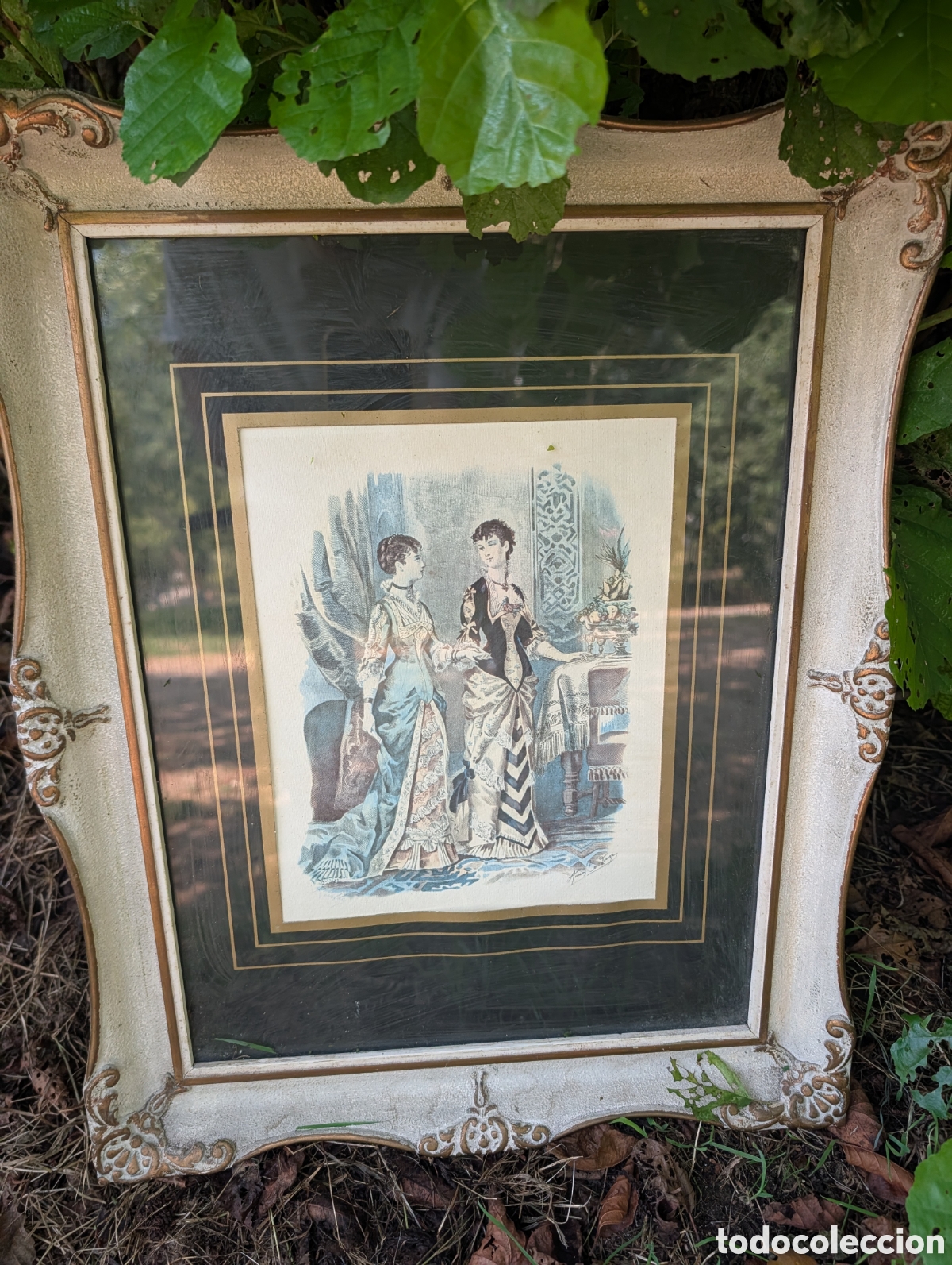 Arte: Cuadro Antiguo L&aacute;mina Figurin Moda &Eacute;poca Victoriana Marco Labrado Dorado Blanco