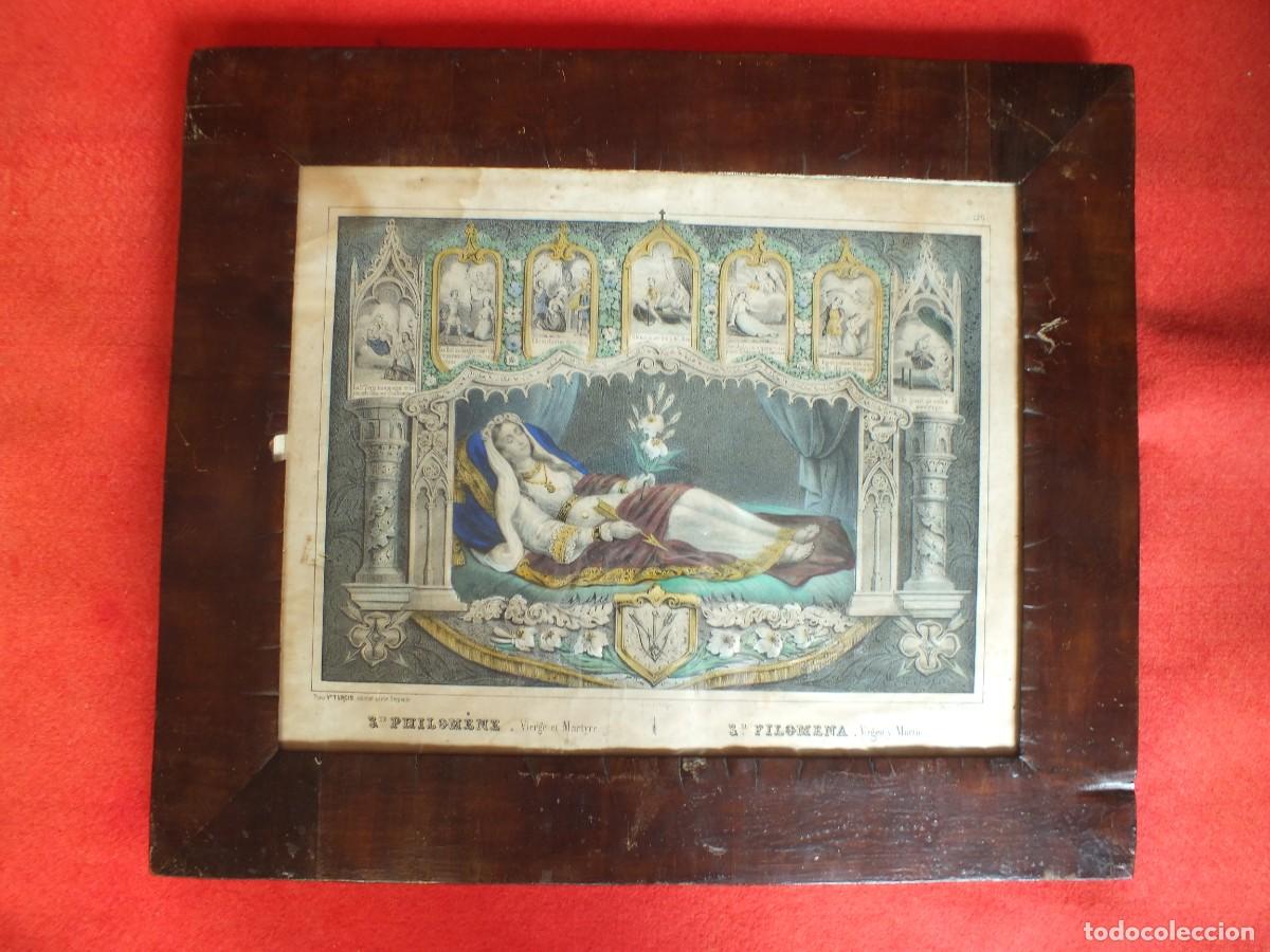 Arte: ANTIGUO GRABADO COLOREADO SANTA FILOMENA VIRGEN Y MARTIR ENMARCADO