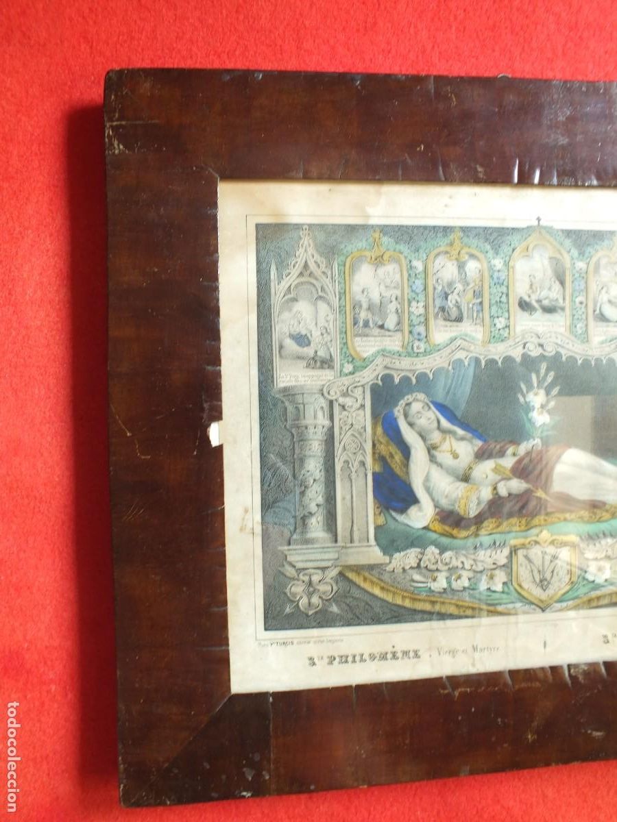 Arte: ANTIGUO GRABADO COLOREADO SANTA FILOMENA VIRGEN Y MARTIR ENMARCADO