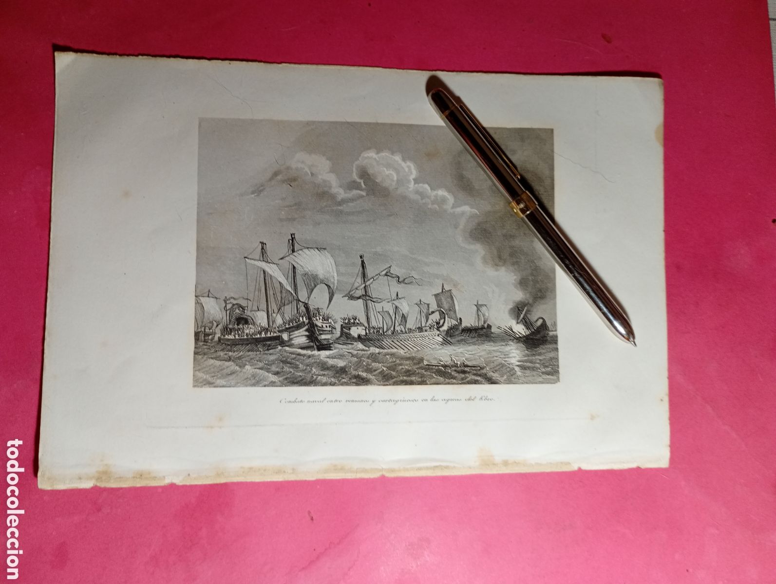 Arte: combate naval entre romanos y cartagineses en las aguas de l&acute;ebre (&iquest;ebro?) fin XIX/ inicios XX ca.