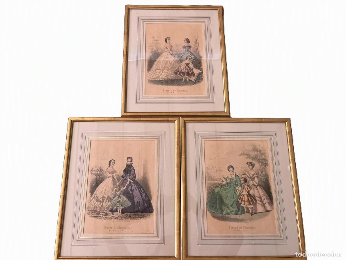 Arte: Journal des Demoiselles (Par&iacute;s) &ndash; Lote de 3 grabados de moda originales coloreados a mano &ndash; ca. 1860