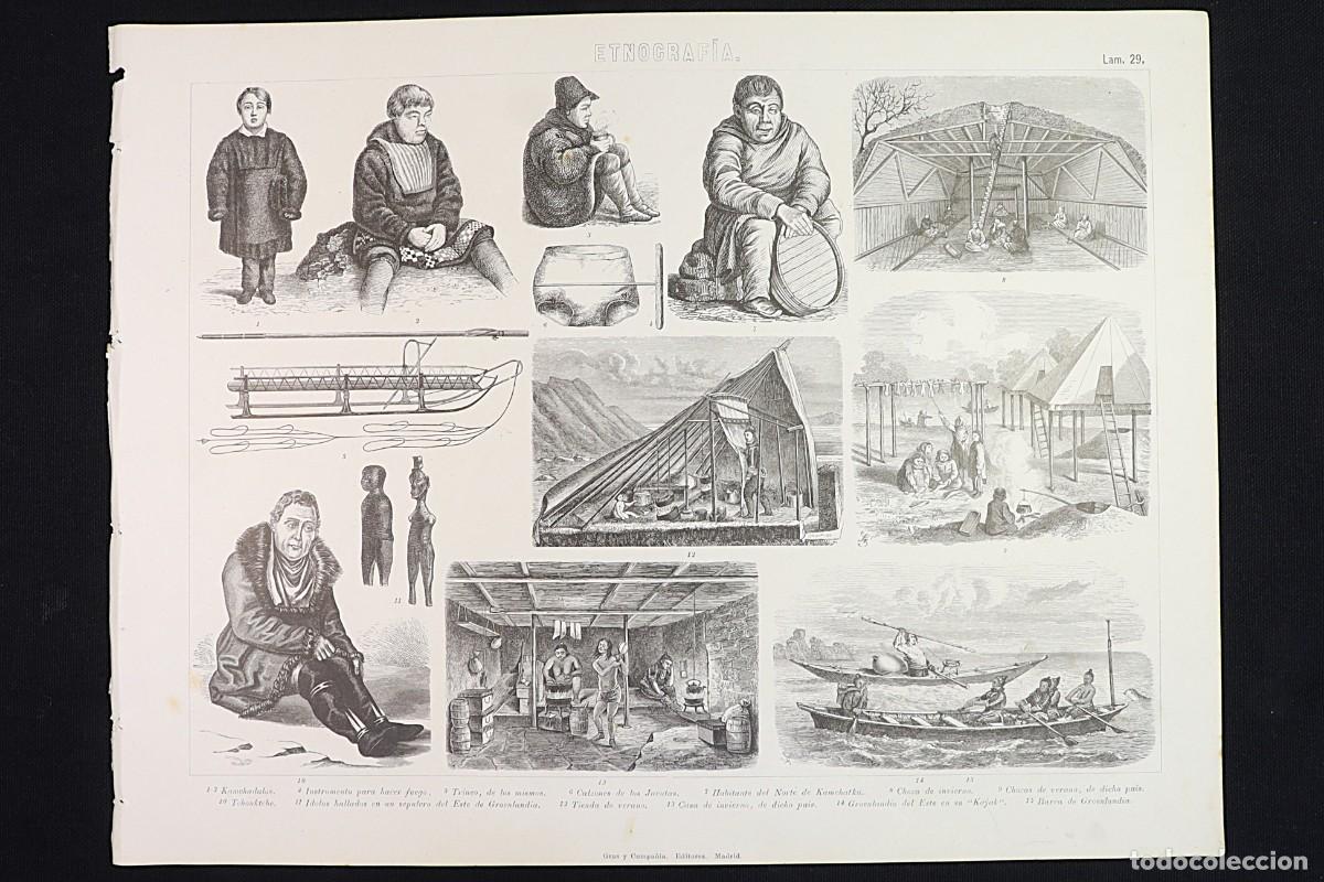 Arte: Grabado Etnograf&iacute;a 29. Esquimales de Groenlandia. Kamchadalos. Ethnography Engraving. Eskimos.