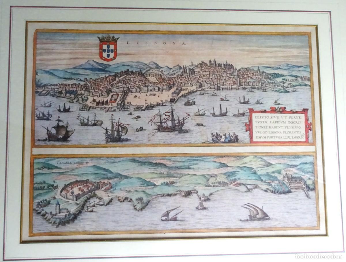 Arte: Portugal, Lisboa, Cascais, vista en marco por Braun & Hogenberg, Lisbona / Cascaie, Bel&eacute;m
