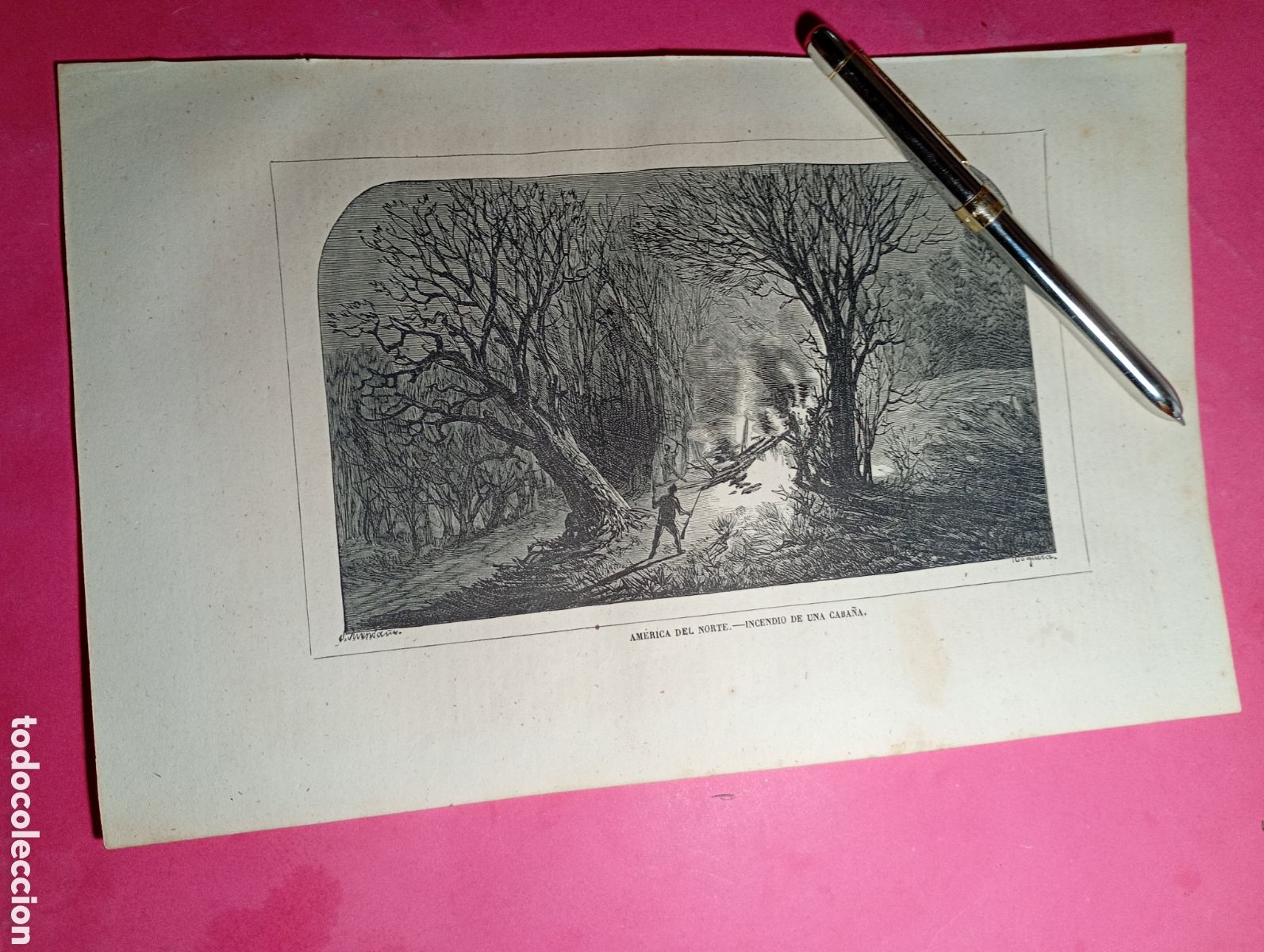 Arte: ANTIGUO GRABADO B/N AM&Eacute;RICA DEL NORTE INCENDIO DE UNA CABA&Ntilde;A