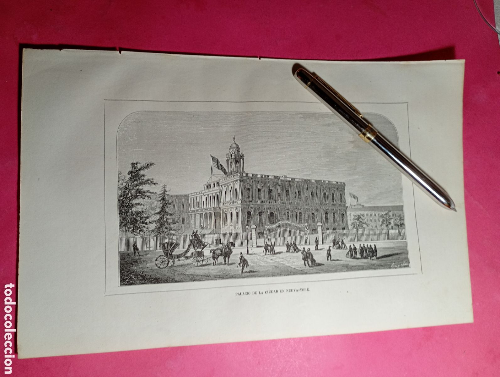 Arte: ANTIGUO GRABADO B/N PALACIO DE LA CIUDAD EN NUEVA YORK