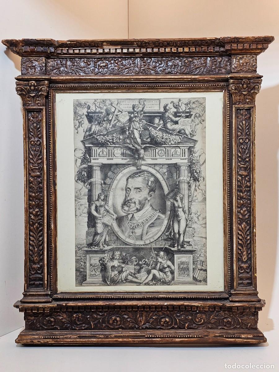 Arte: GRABADO ORIGINAL DE CARLOS V, (ENEA VICO 1550), MARCO MUY ANTIGUO, (51X36)