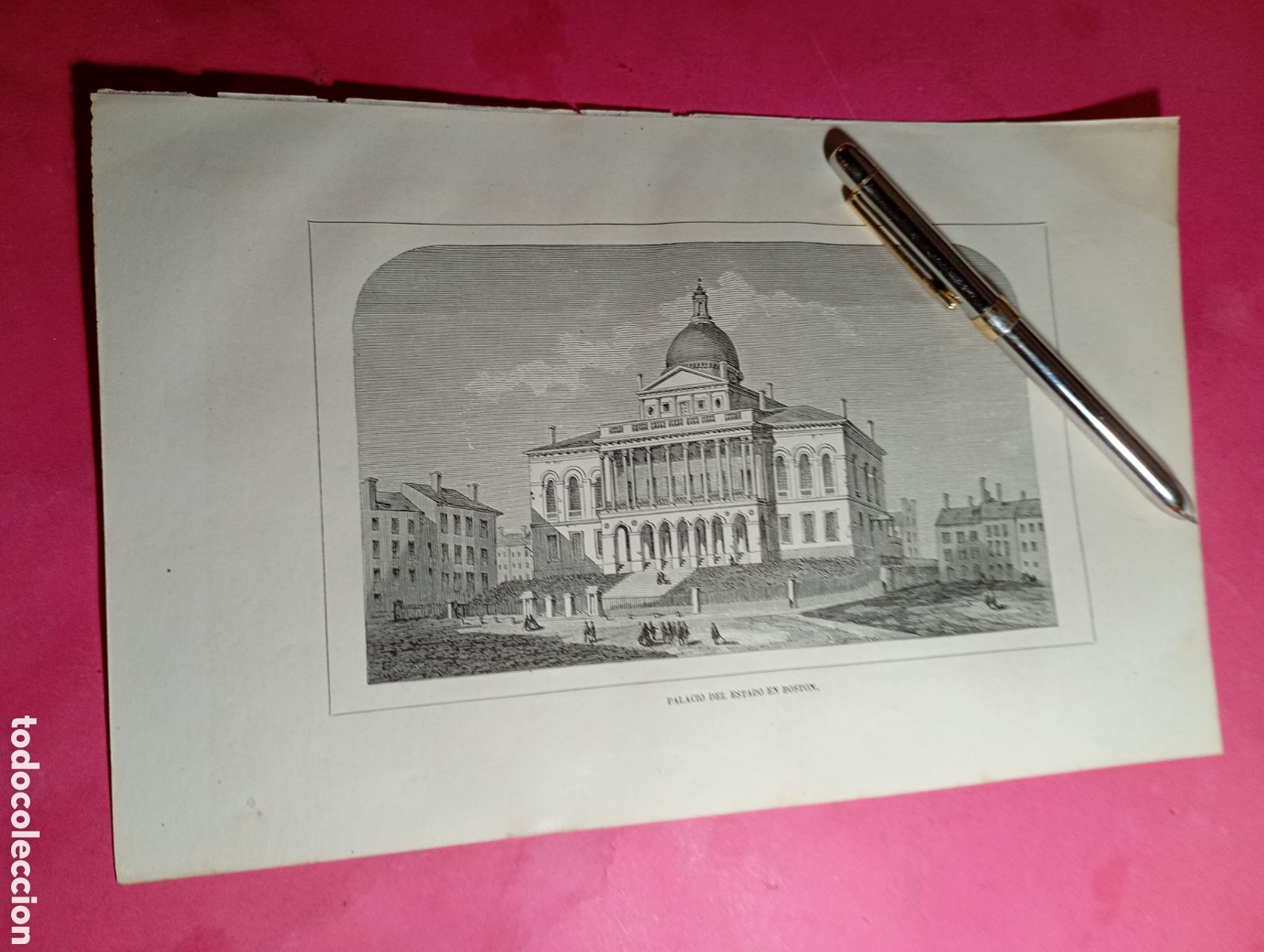 Arte: ANTIGUO GRABADO B/N PALACIO DEL ESTADO EN BOSTON