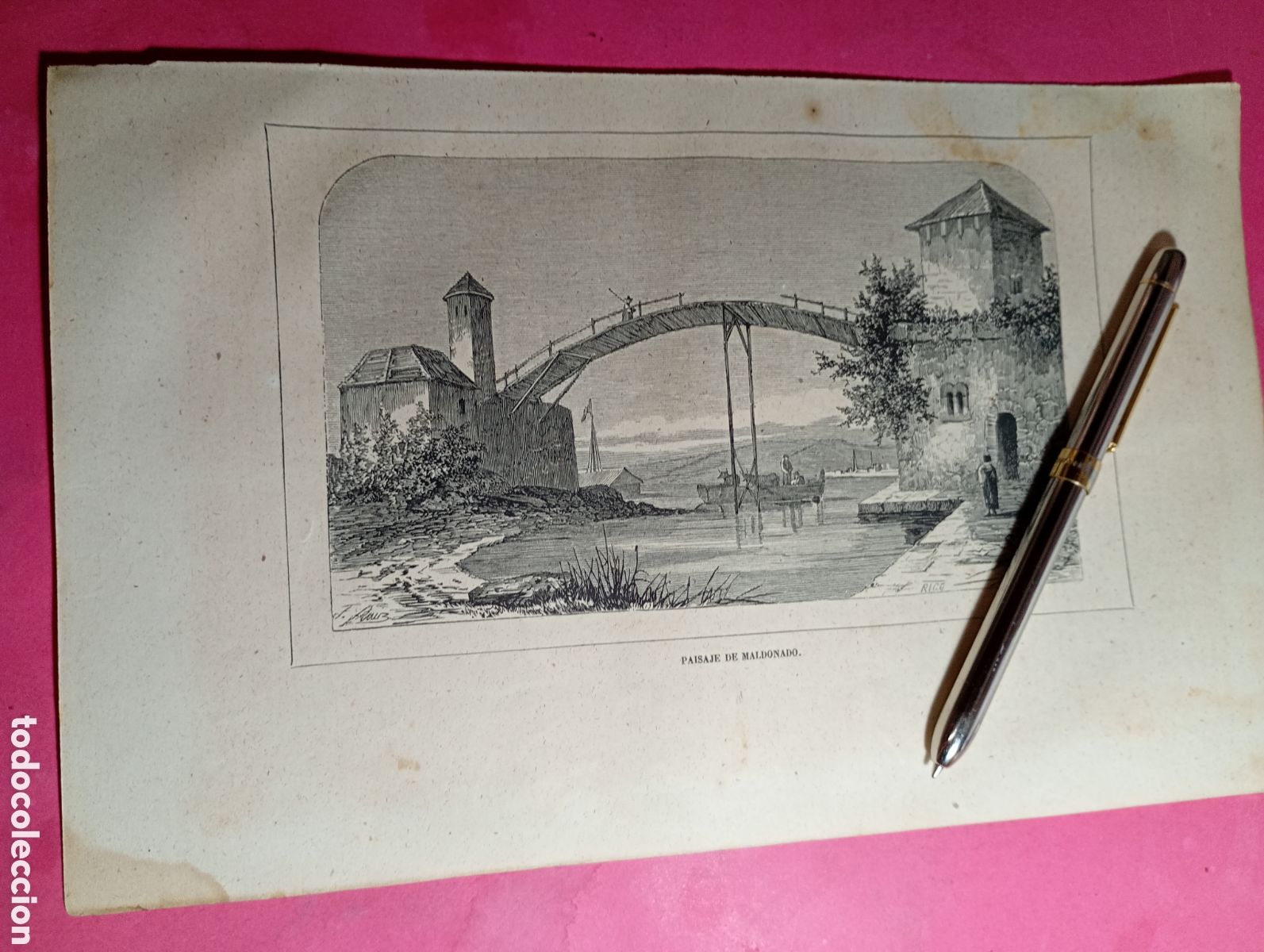 Arte: ANTIGUO GRABADO B/N PUENTE DE MALDONADO M&Eacute;XICO