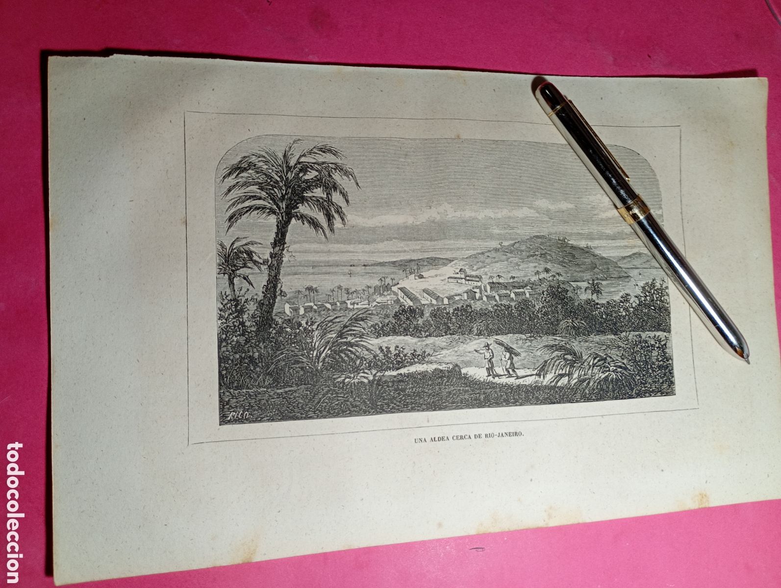 Arte: ANTIGUO GRABADO B/N UNA ALDEA DERCA DEL RIO JANEIRO (BRASIL)
