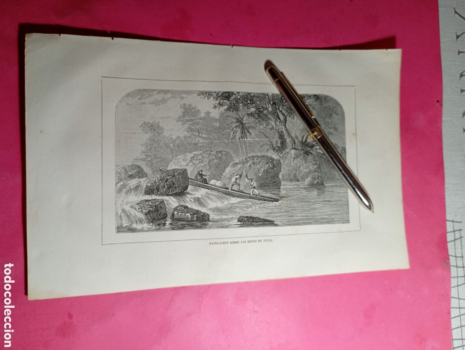 Arte: VINTAGE GRABADO B/N NAVEGACI&Oacute;N SOBRE LAS ROCAS DE LOS R&Iacute;OS