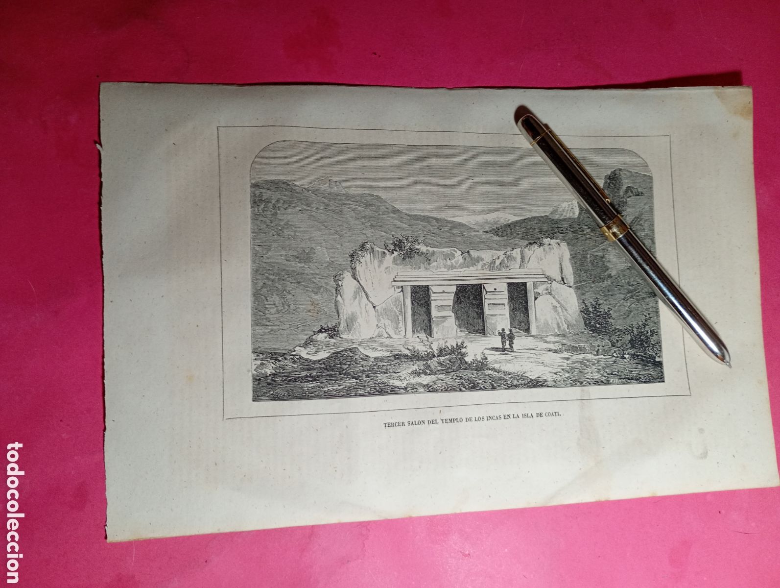 Arte: VINTAGE GRABADO B/N TERCER SAL&Oacute;N DEL TEMPLO DE LOS INCAS EN LA ISLA DE COATI