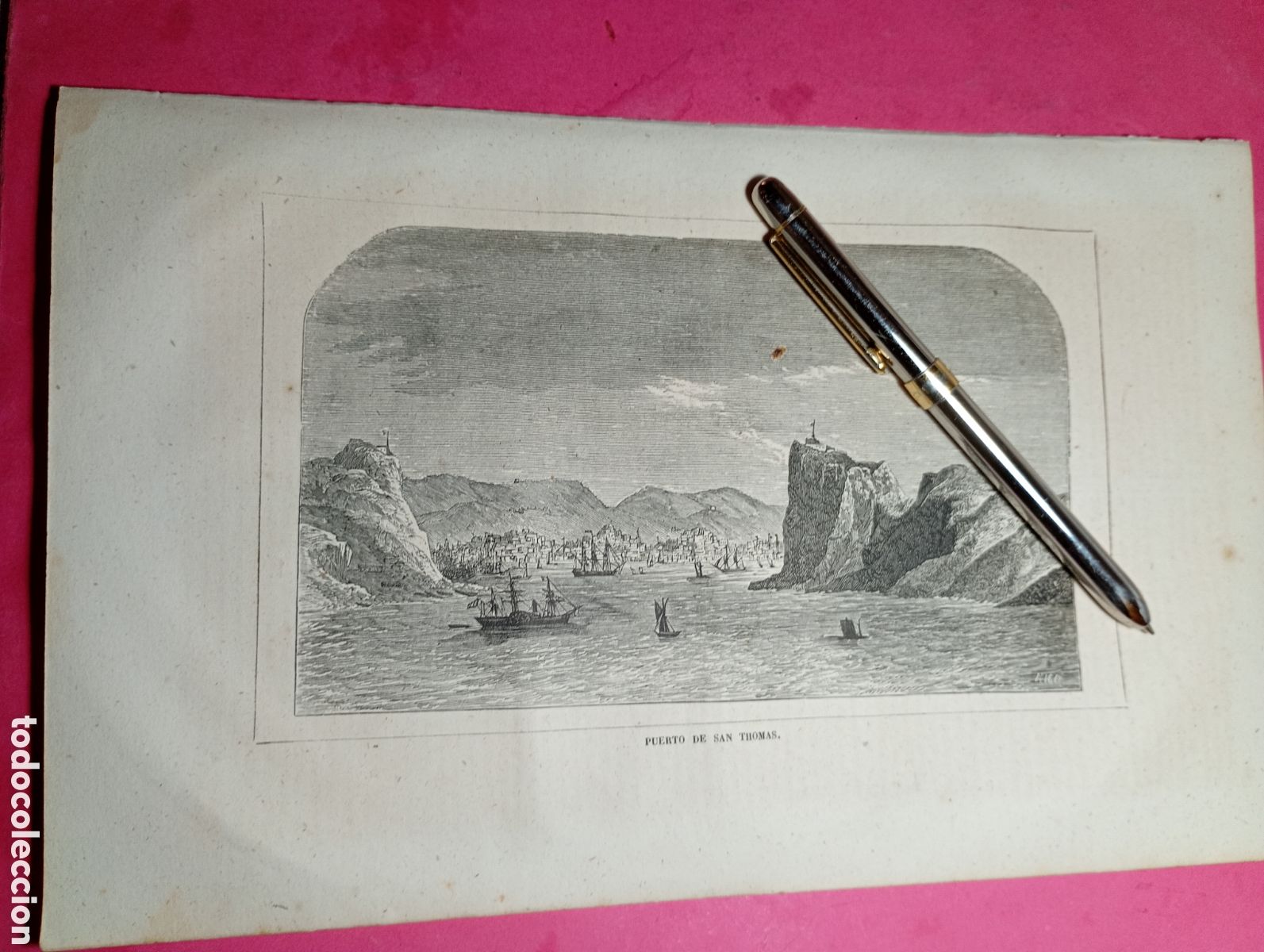 Arte: VINTAGE GRABADO B/N PUERTO DE ST. THOMAS Estados Unidos (Islas V&iacute;rgenes de los EE. UU.).