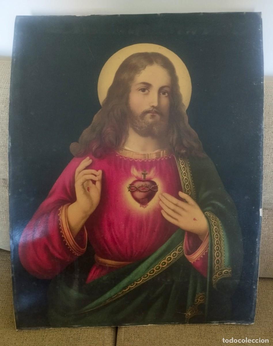 Arte: Tr&iacute;o Litograf&iacute;as Antiguas S. XIX: Sagrado Coraz&oacute;n, Inmaculado Coraz&oacute;n y San Jos&eacute; - Sajonia